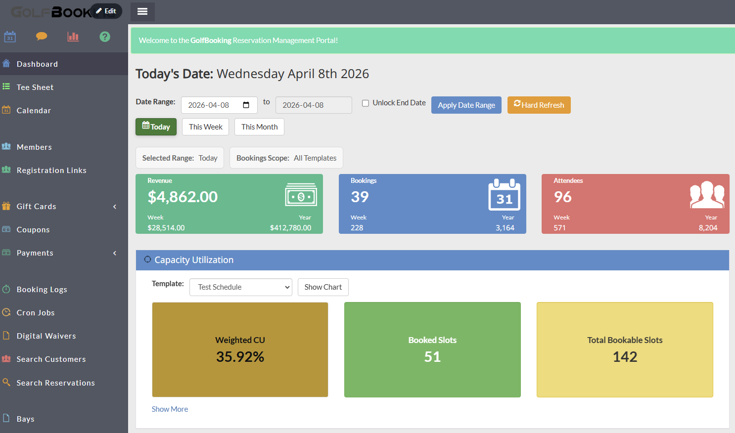 GolfBooking admin dashboard screenshot