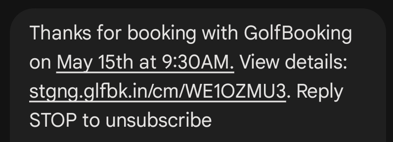 GolfBooking confirmation sms screenshot