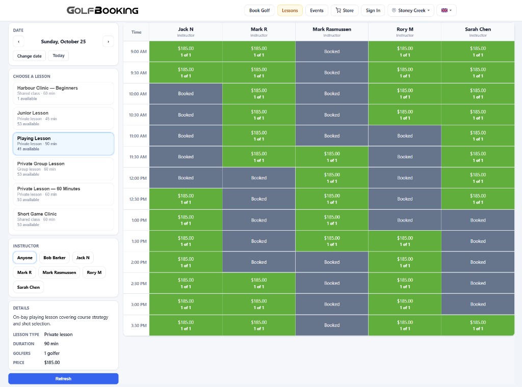 GolfBooking public lesson page with class times, instructors, and open seats