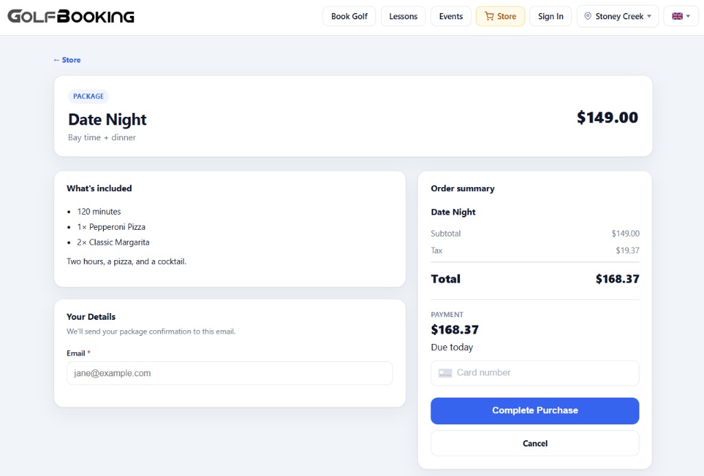 GolfBooking store checkout for a Date Night package with included time, food, and card payment