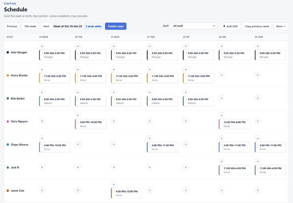 GolfBooking weekly staff schedule with draft shifts ready to publish