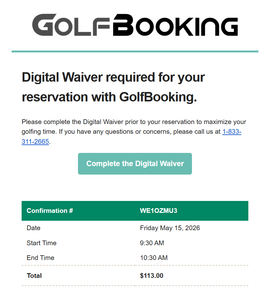 GolfBooking waiver email screenshot